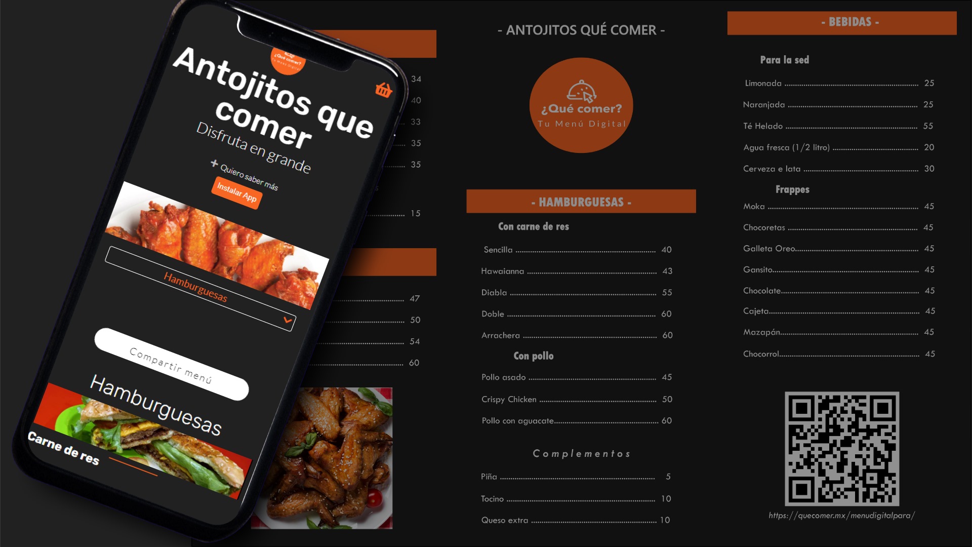 Ejemplo de menú digital, creado en ¿Qué comer? tu Menú Digital y uno físico, ambos con un diseño atractivo expresando la imagen de la empresa.