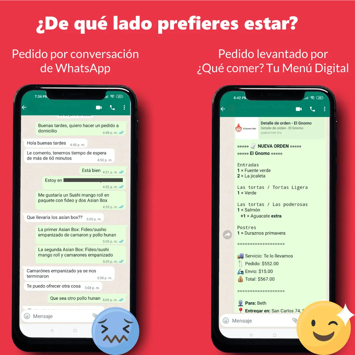 Imagen con dos celulares, el primer celular muestra una larga conversación en WhatsApp de una persona tratando de levantar un pedido. En el segundo celular se observa un mensaje en WhatsApp con las especificaciones de un pedido, fácil de leer y muy bien ordenado porque el pedido fue levantado 